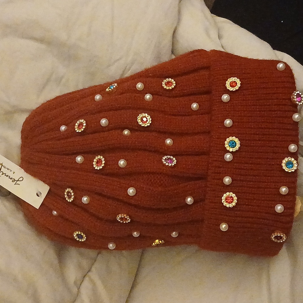 Jennifer & Company Rhinestone And Pearl Decor Cuff Beanie Hat NWT